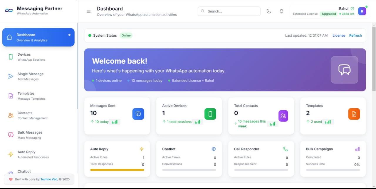 Dashboard de automatización para WhatsApp, contactos, plantillas y campañas